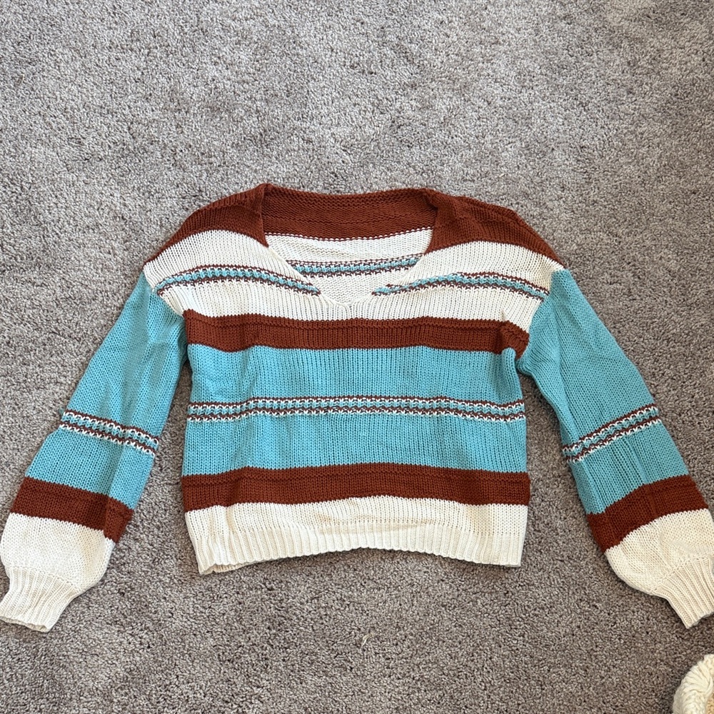 Striped V-Neck Sweater - Blue, Brown, and Cream